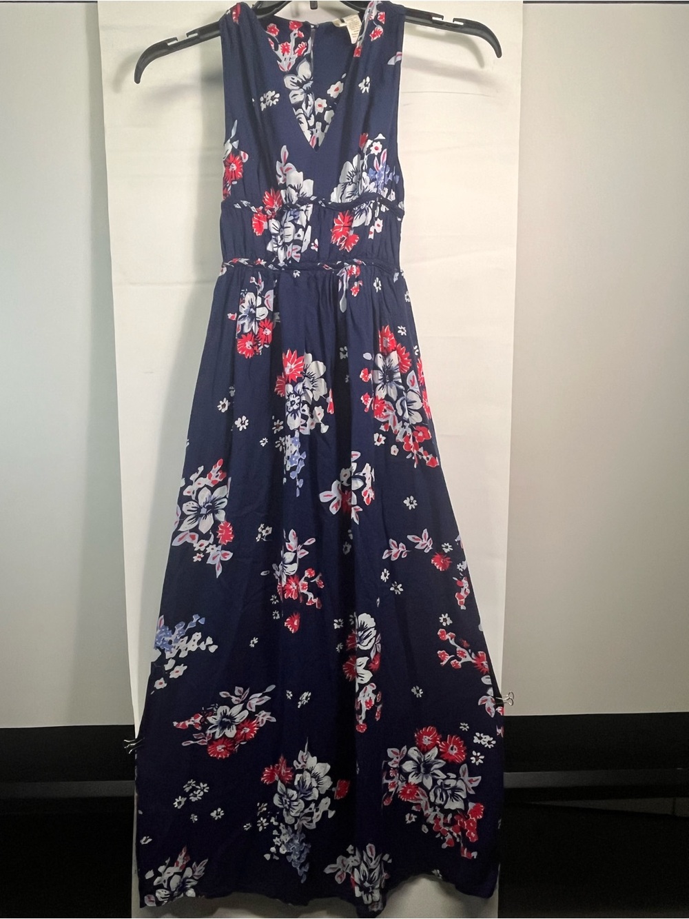Japna Navy Floral V-Neck Maxi Dress with Red & White Floral Print